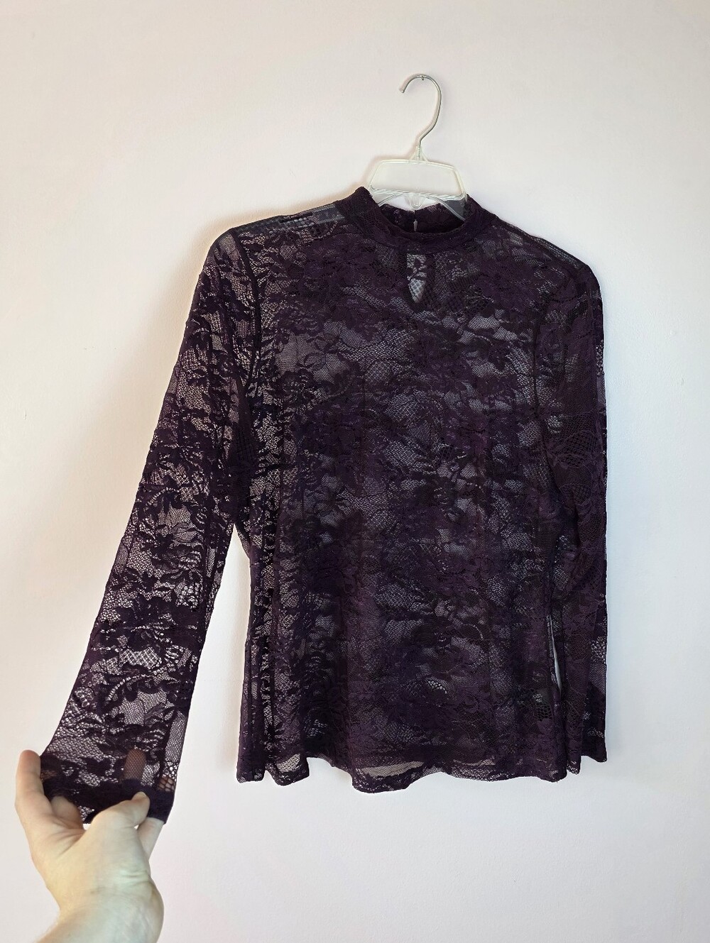 Lane Bryant Sheer Lace Mock-Neck Top - Deep Plum